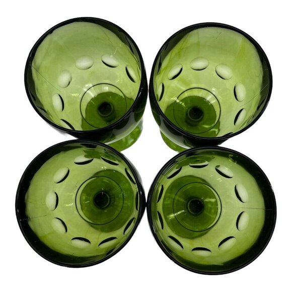 Set Of 4 Green Coin Dot Bartlett Collins Goblets Footed Thumbprint Pedestal Glas - Picture 4 of 13